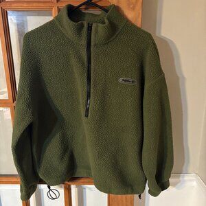 DAZY Letter Patched Half Zip Drop Shoulder Teddy Sweatshirt Long Sleeve SZ: S